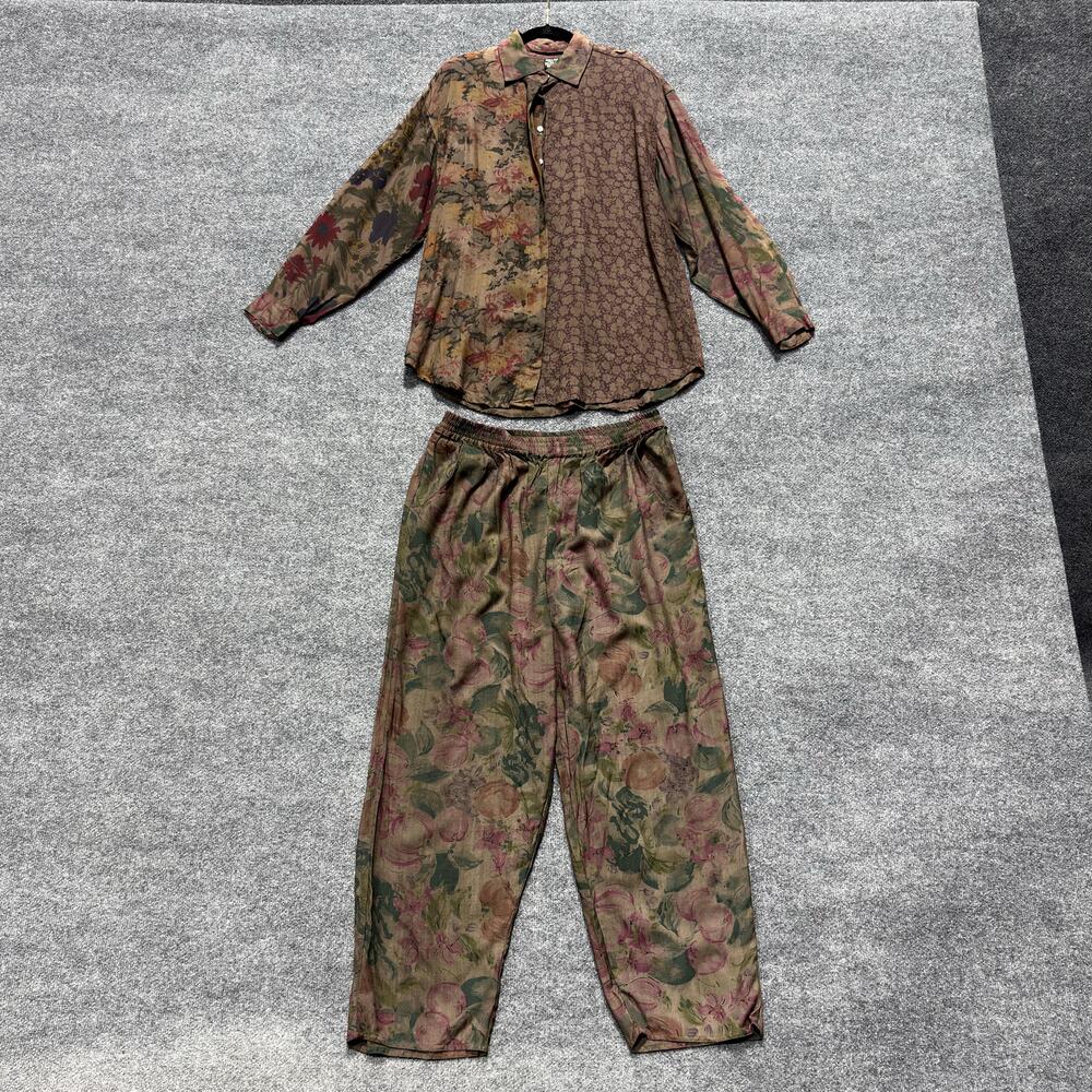Vintage Floral Shirt Pants Set Womens Small Brown Rayon 2 Piece Lounge 90s Boho